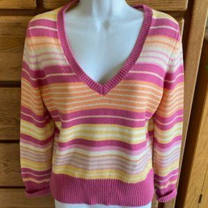 St Johns Bay BRIGHT SHERBET Stripes(PINK Peach YELLOW White) Vneck l/s SWEATER M